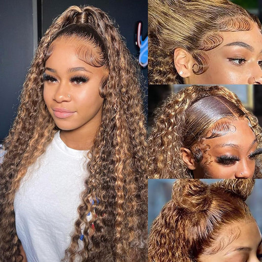 Curly Colored Highlight Wig Human Hair Deep Wave