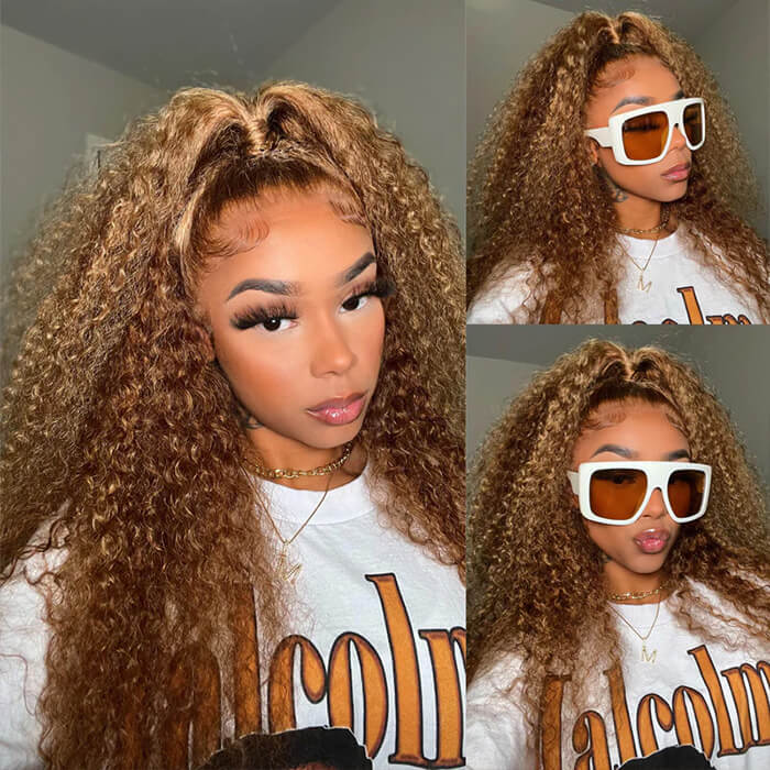 Curly Colored Highlight Wig Human Hair Deep Wave